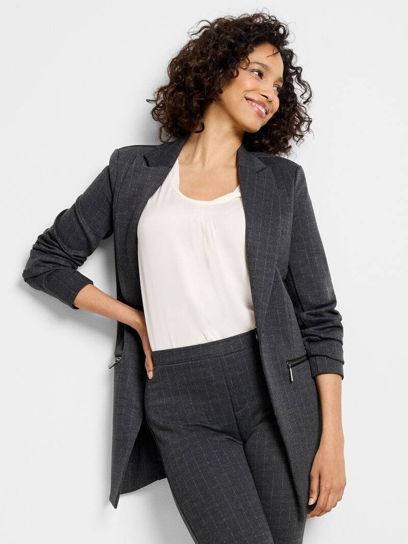 Woman Wears Pinstripe Knit Zip Jacket image number 3