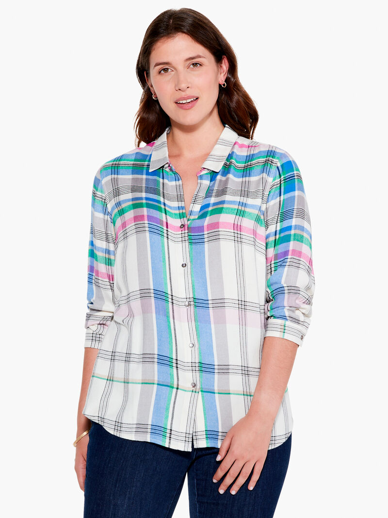 Woman Wears Here To There Plaid Shirt image number 0