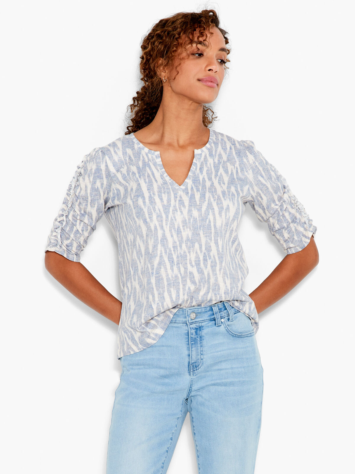 NZT Ikat Ruched Elbow Sleeve Split Neck