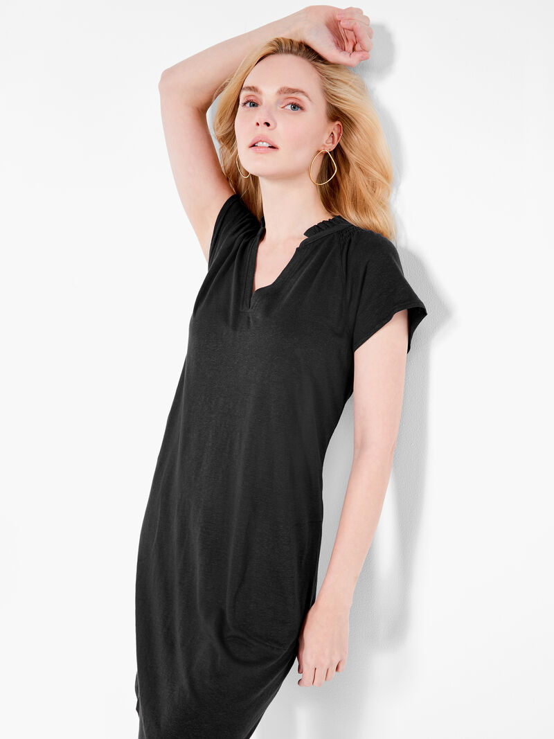 Woman Wears NZT Short Sleeve Ruffle V Dress image number 1