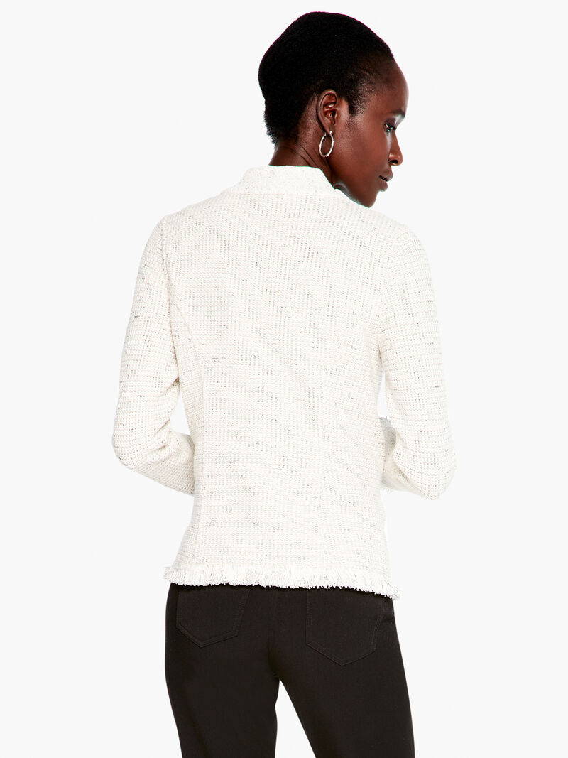 Woman Wears Collared Fringe Mix Knit Jacket image number 2