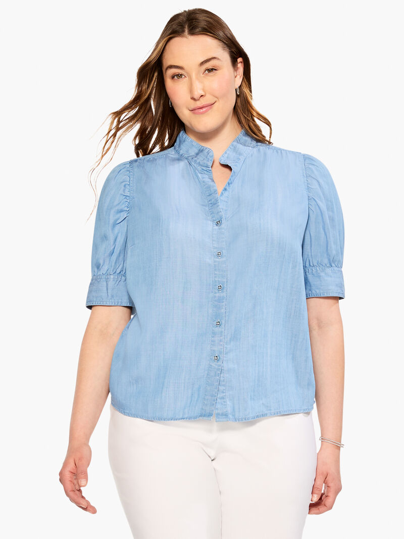 Woman Wears Femme Sleeve Denim Shirt image number 1