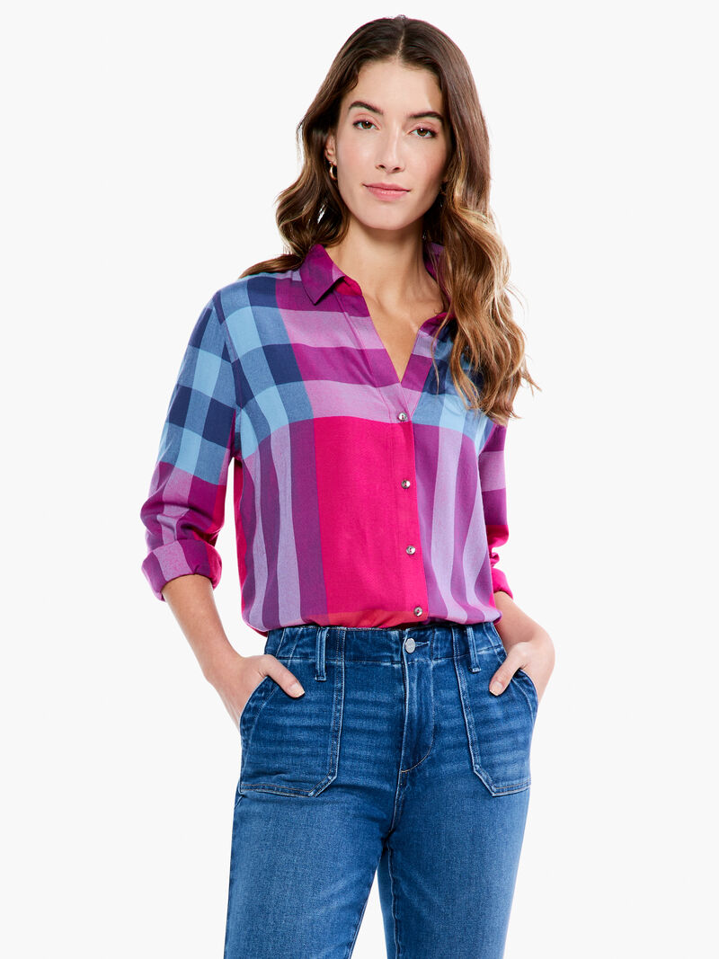 Woman Wears Punchy Plaid Shirt image number 1