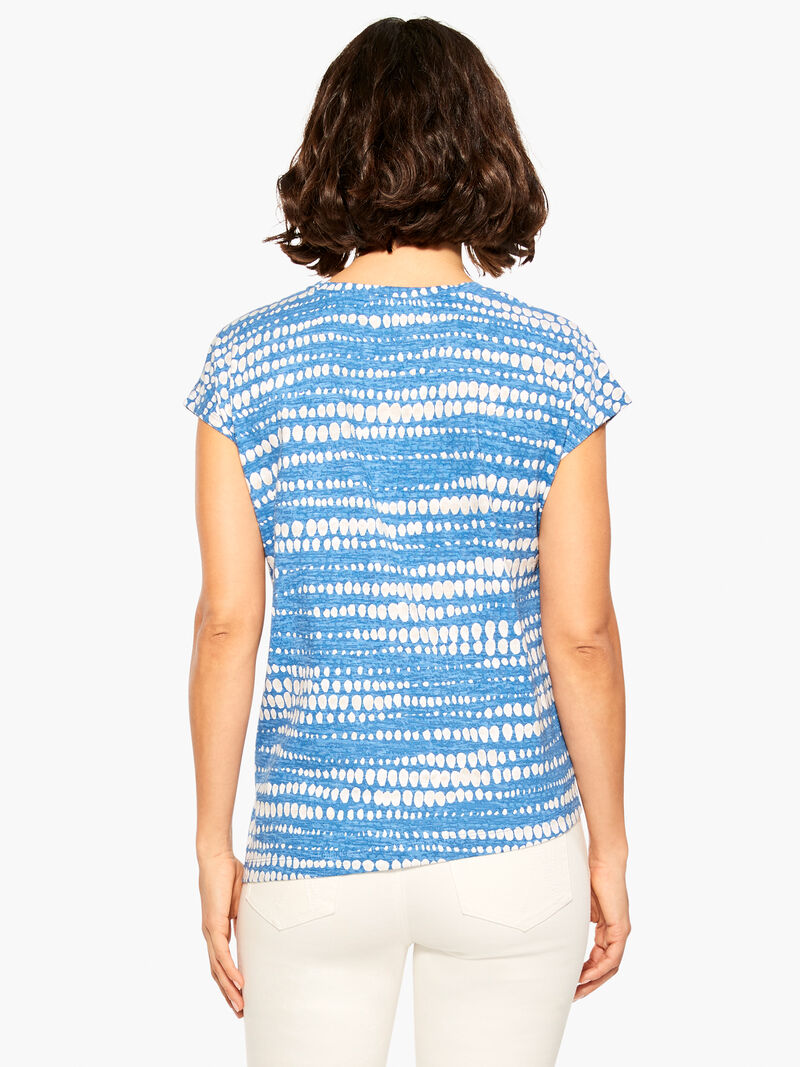 Woman Wears NZT Dotty Lines Short Sleeve Crew Assymetrical Tee image number 2