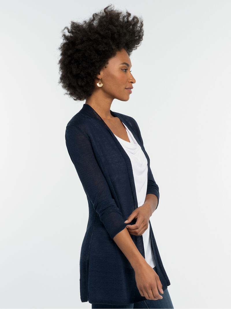 Woman Wears Lightweight Long Back of the Chair Cardigan image number 2