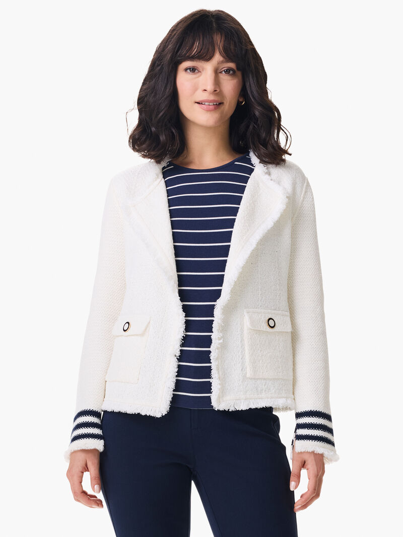 Woman Wears Subtle Stripe Fringe Mix Knit Jacket image number 1