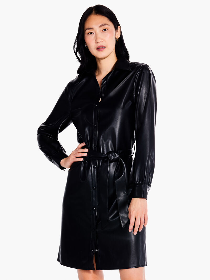 Woman Wears Faux Leather Trench Dress image number 0