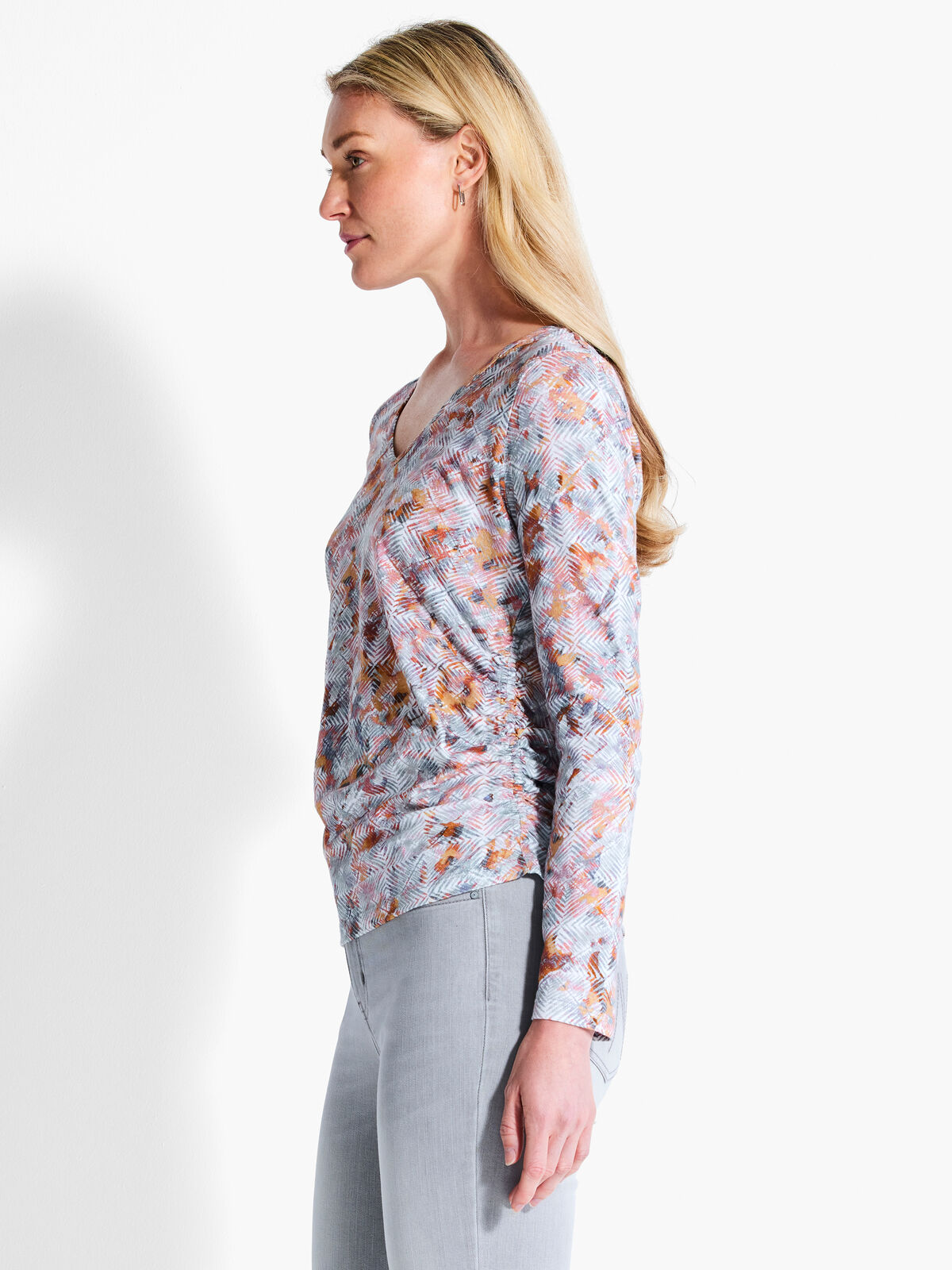NZT Blurred Grid Long Sleeve V-Neck Ruched Tee