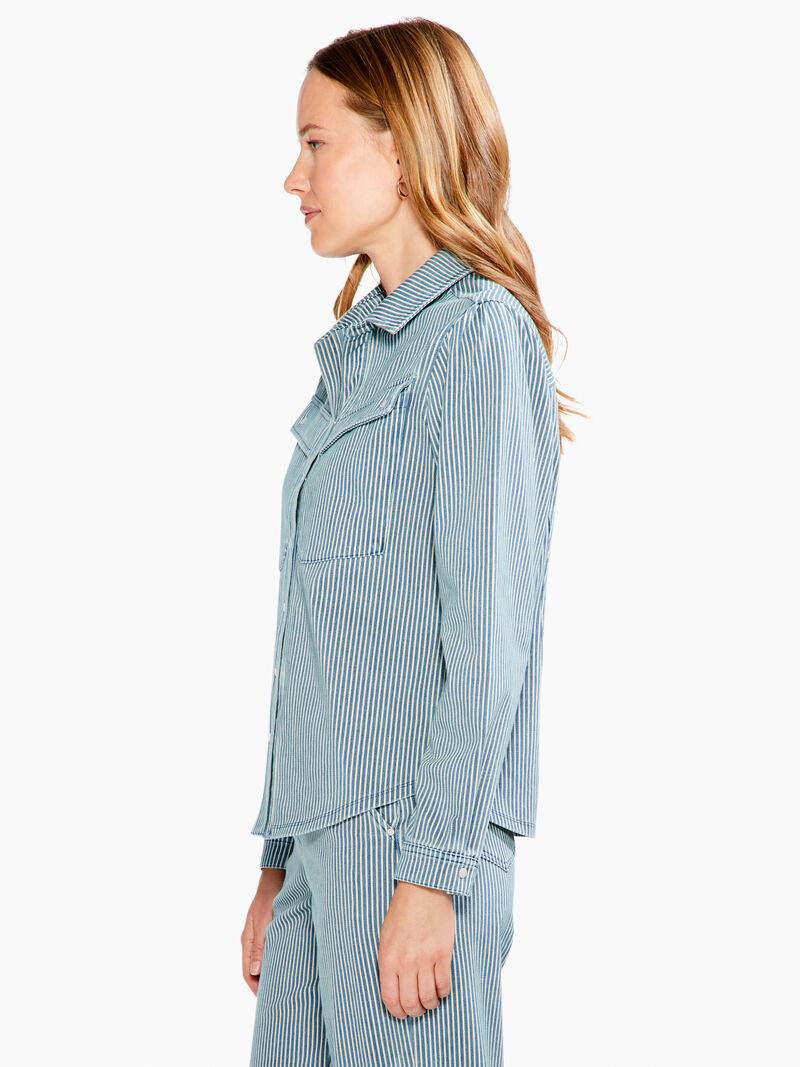 Woman Wears Railroad Stripe Shirt Jacket image number 2