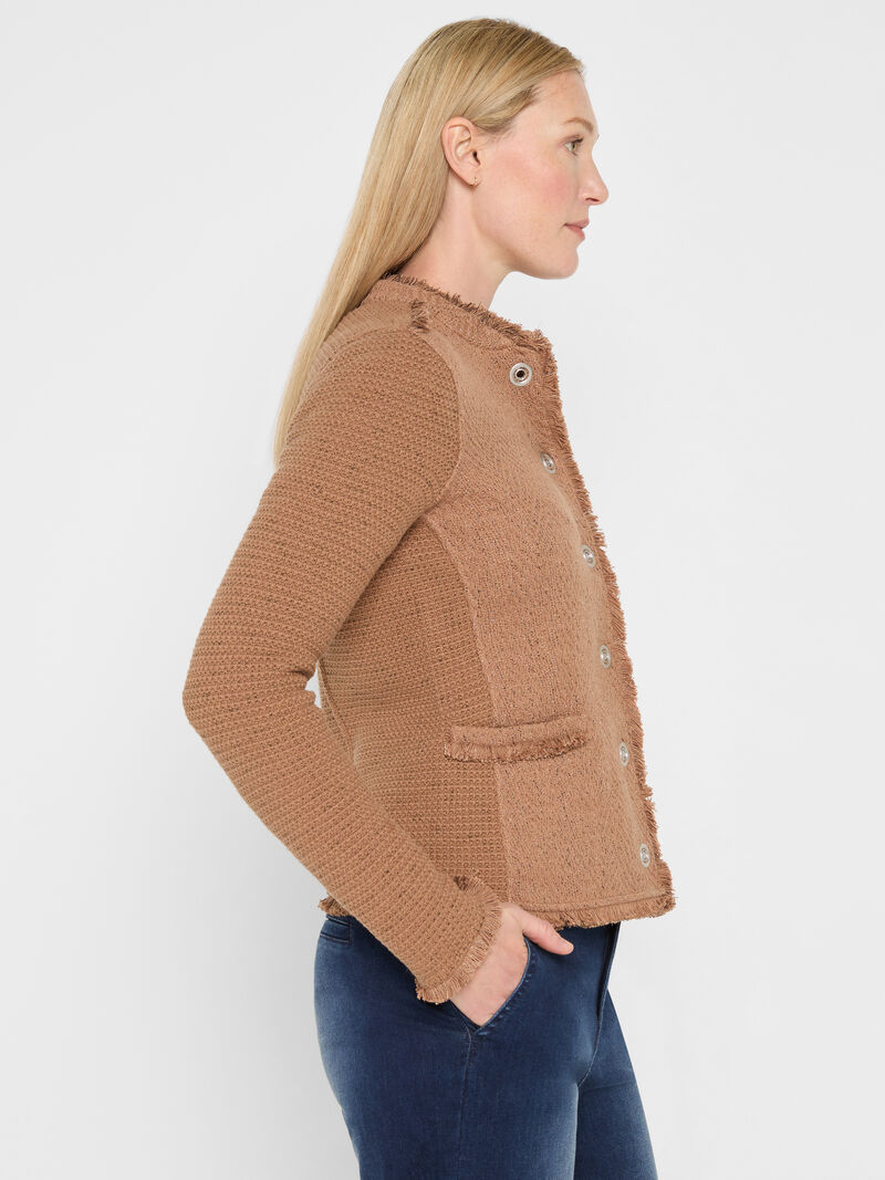 Woman Wears Military Fringe Mix Knit Jacket image number 4