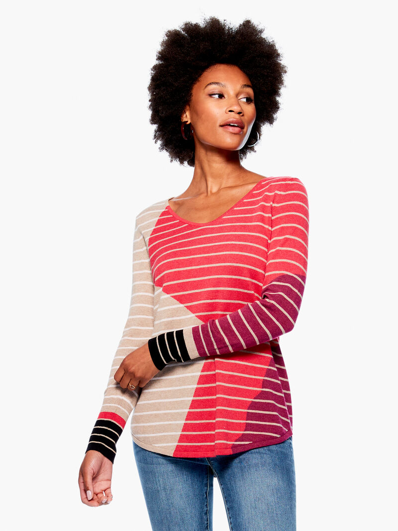 Woman Wears Angled Stripe Vital V Neck Sweater image number 0