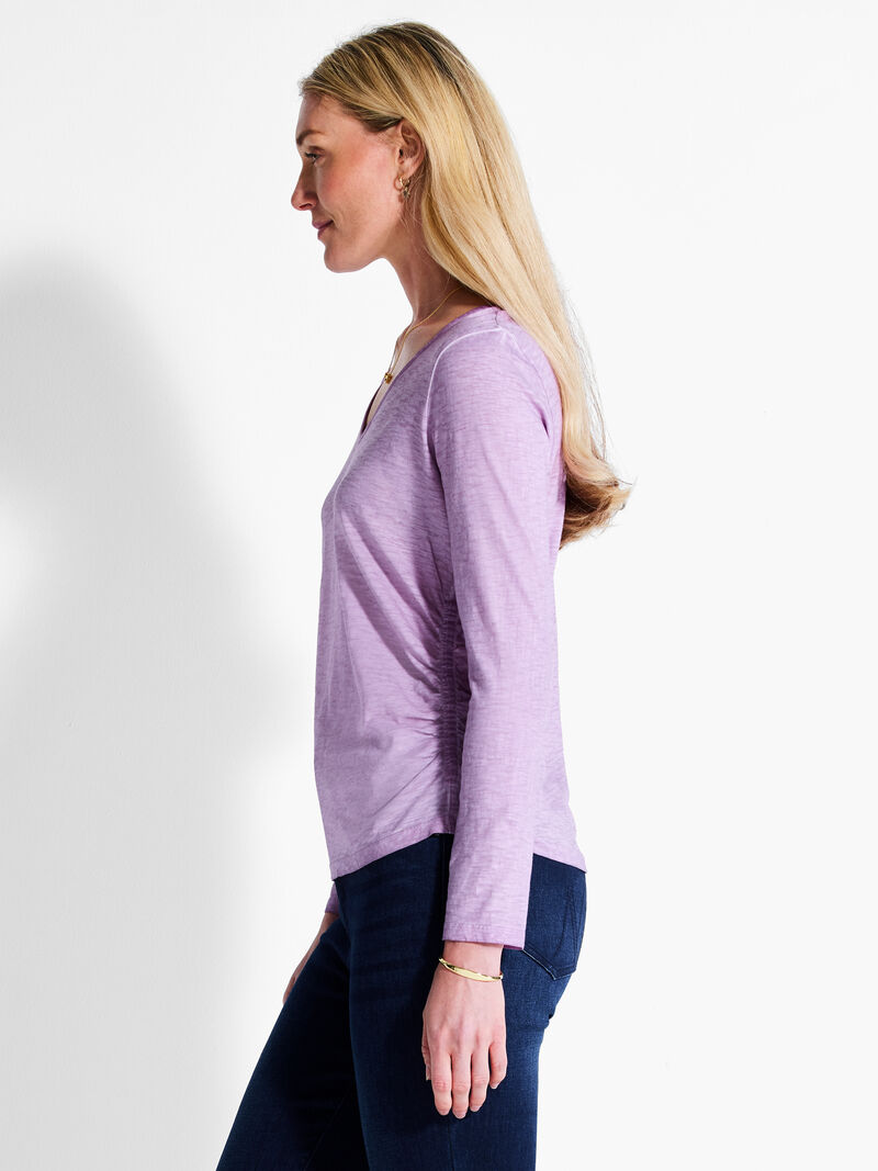 Woman Wears NZT Long Sleeve V-Neck Ruched Tee image number 1