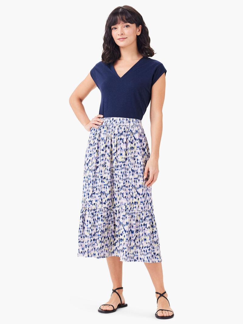 Woman Wears NZT Abstract Ikat Tiered Midi Skirt image number 0