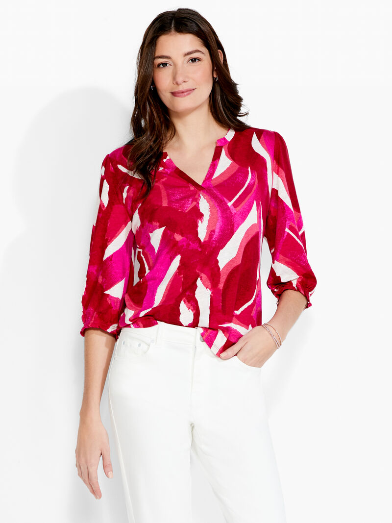 Woman Wears NZT Blooms 3/4 Sleeve Split Neck Tee image number 0