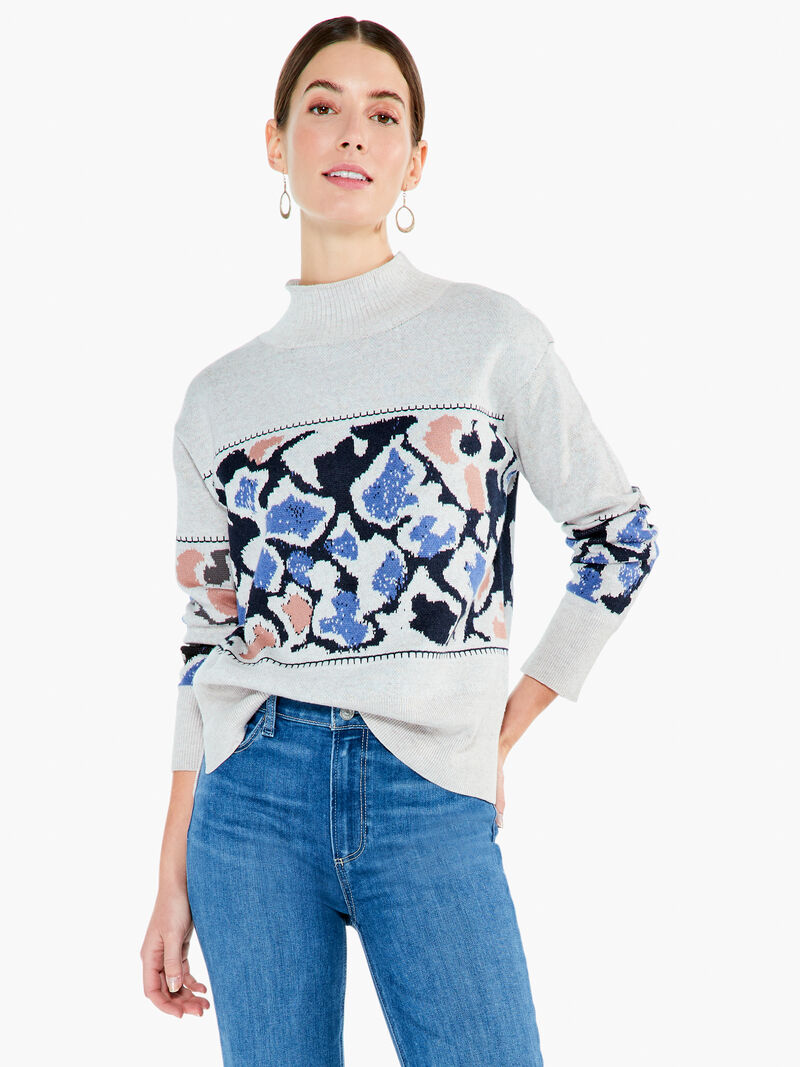 Woman Wears Mosaic Blues Sweater image number 1