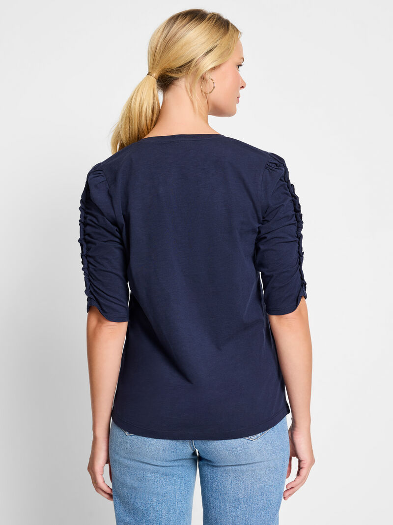 Woman Wears NZT Ruched Elbow Sleeve Split Neck Tee image number 2