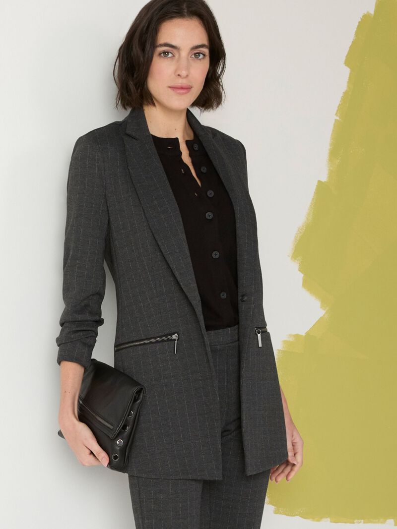 Woman Wears Pinstripe Knit Zip Jacket image number 0