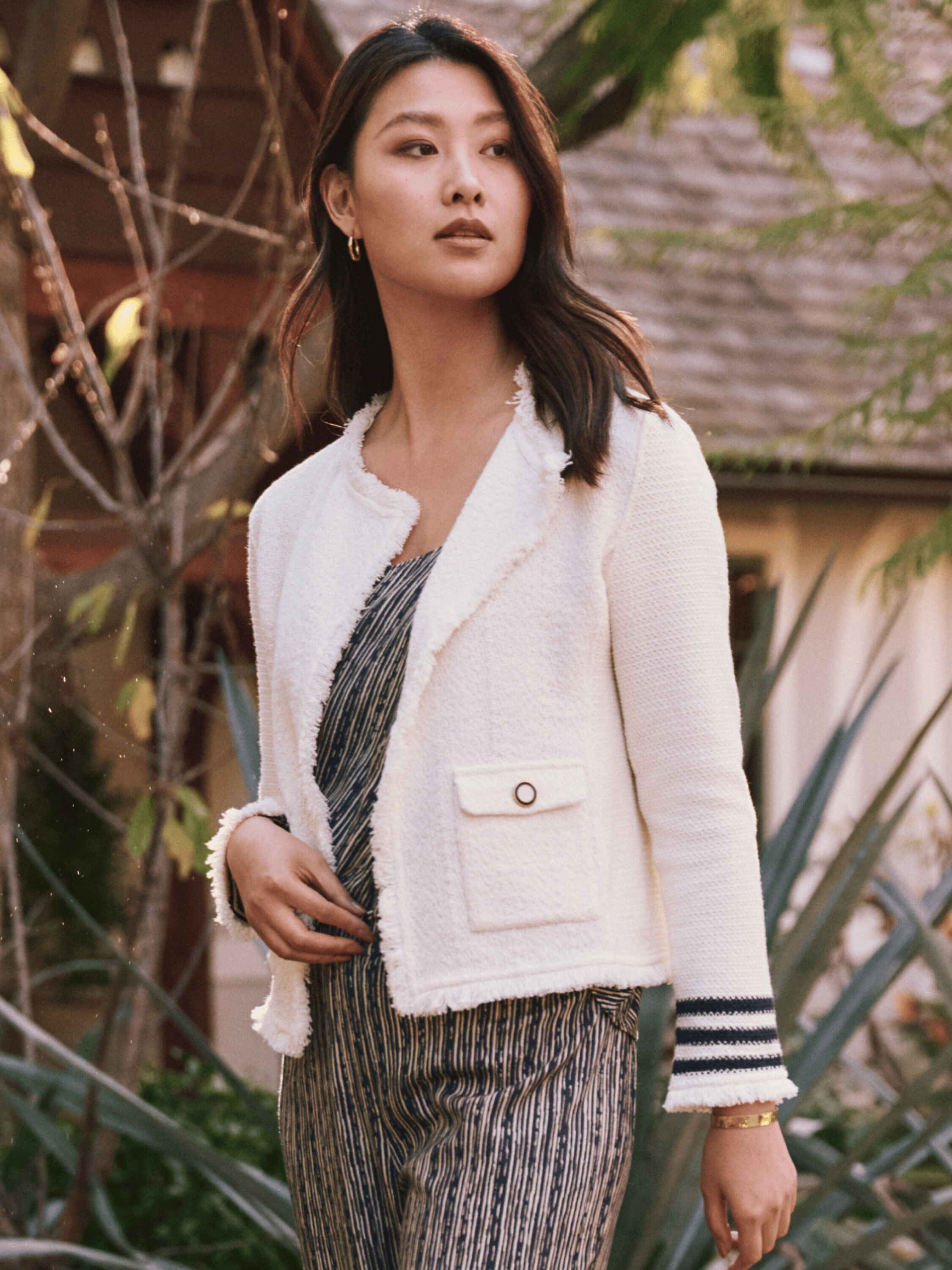 Subtle Stripe Fringe Mix Knit Jacket NIC ZOE