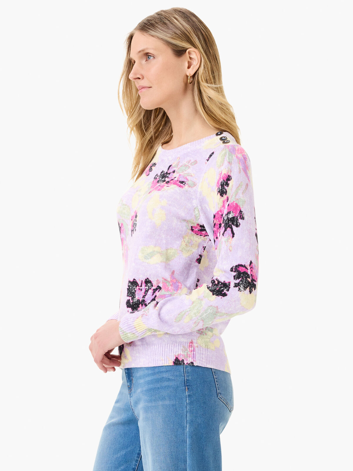 Tossed Florals Button Shoulder Cashmere Sweater