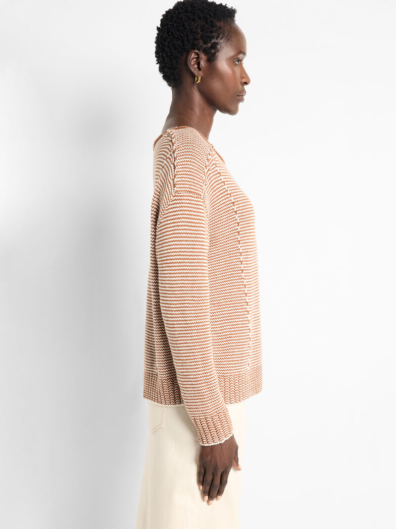 Woman Wears Striped Seamed Cotton Cord Sweater image number 2