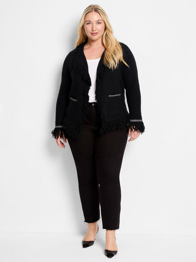 Woman Wears Statement Fringe Mix Knit Jacket image number 1
