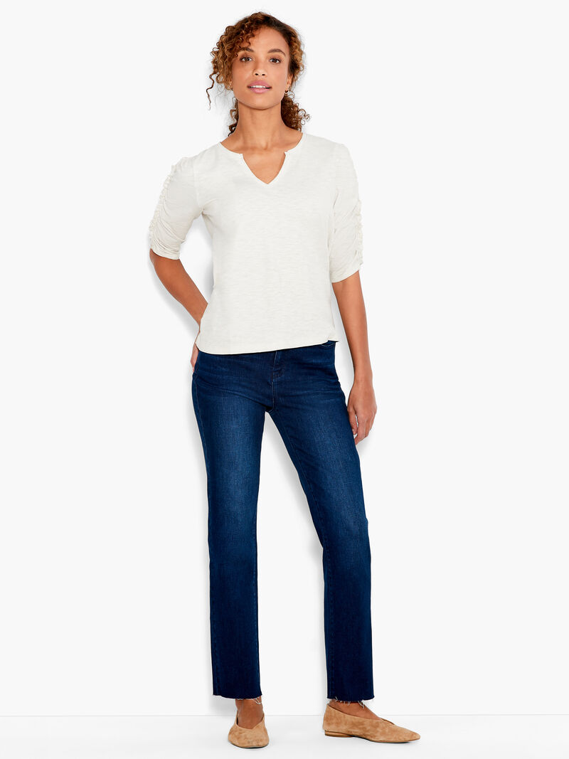 Woman Wears NZT Ruched Elbow Sleeve Split Neck image number 3