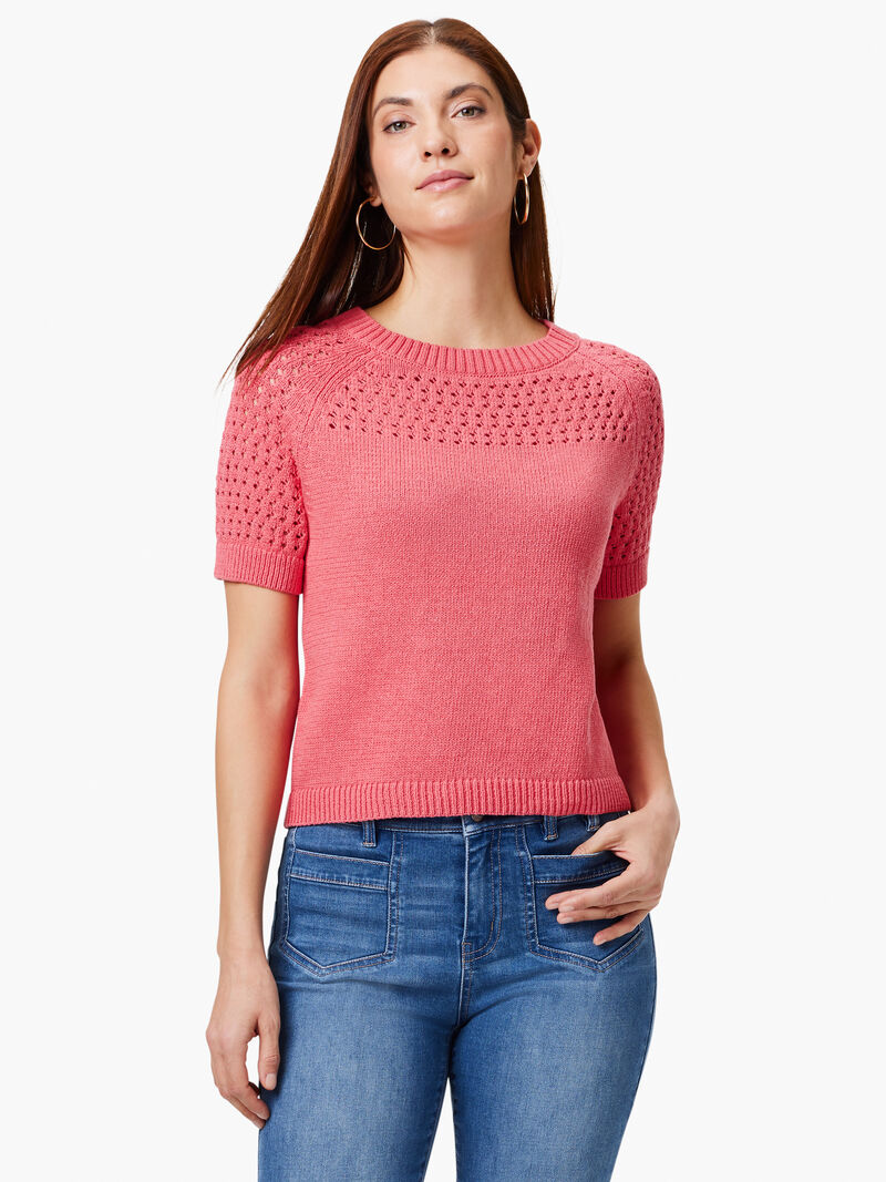Woman Wears Placed Crochet Sweater Tee image number 3