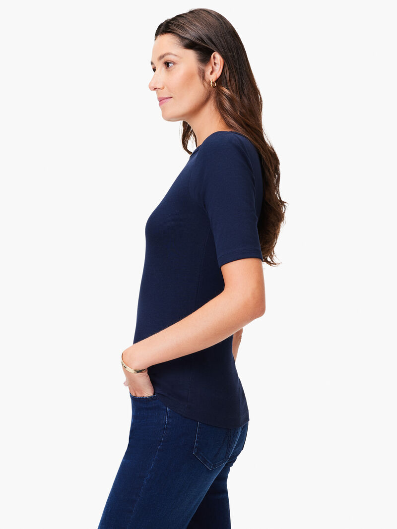 Woman Wears Perfect Knit Rib Elbow Sleeve Boatneck Tee image number 1
