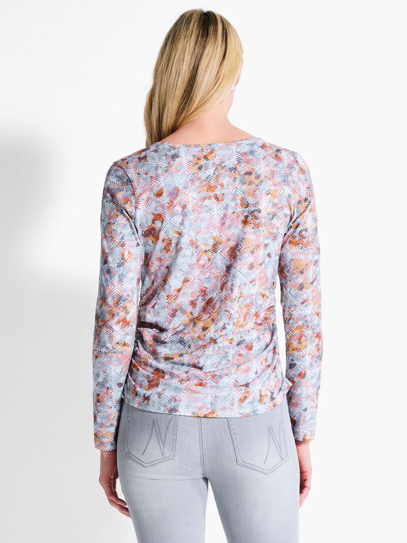 Woman Wears NZT Blurred Grid Long Sleeve V-Neck Ruched Tee image number 2