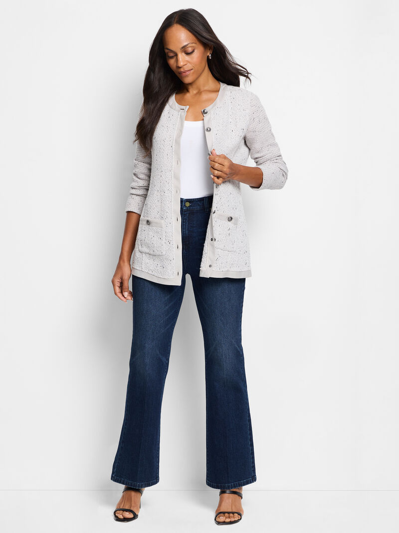 Woman Wears Buttoned Up Femme Knit Jacket image number 1