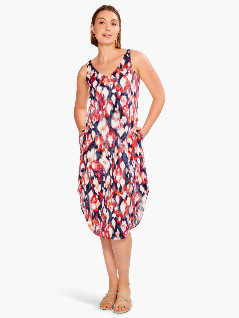 Woman Wears Floral Ikat Live In Dress image number 0