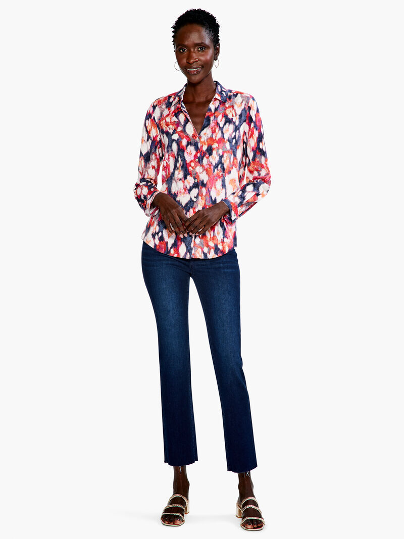 Woman Wears Floral Ikat Live In Shirt image number 3