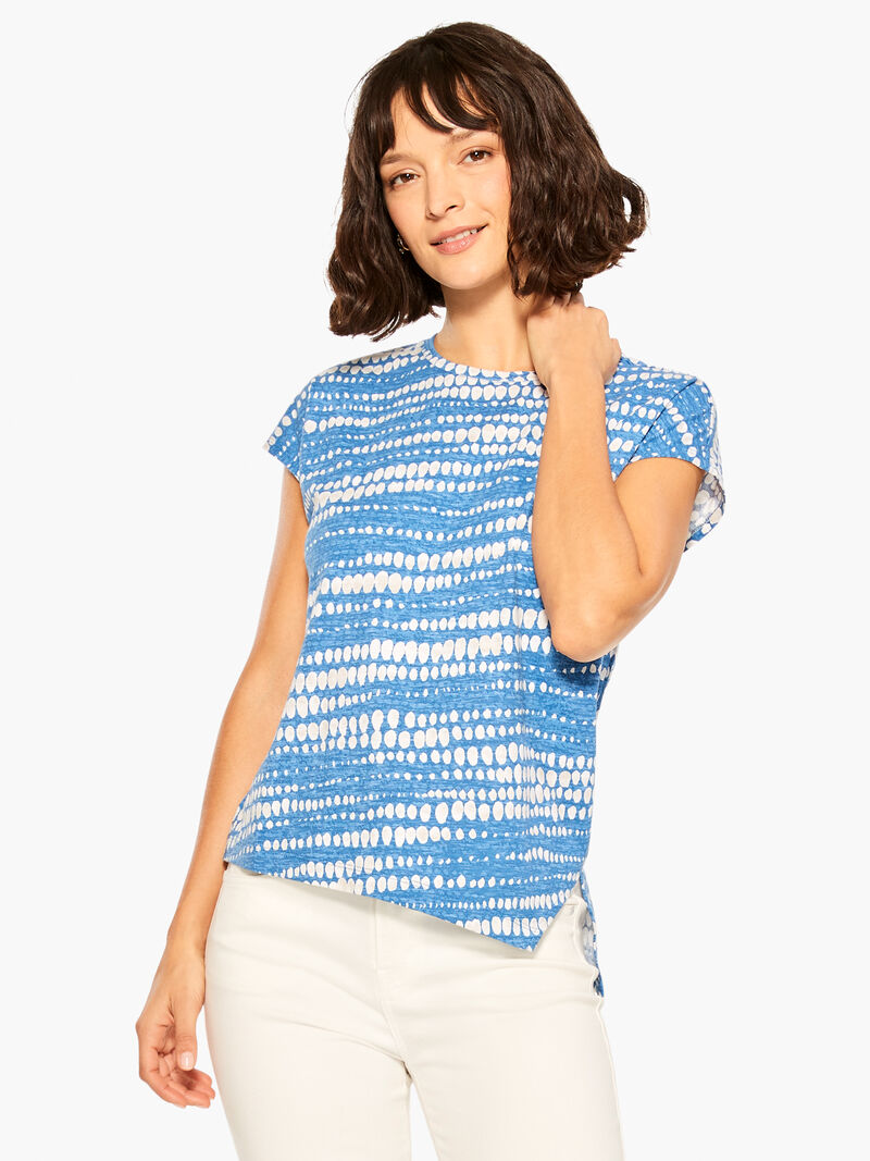 Woman Wears NZT Dotty Lines Short Sleeve Crew Assymetrical Tee image number 0