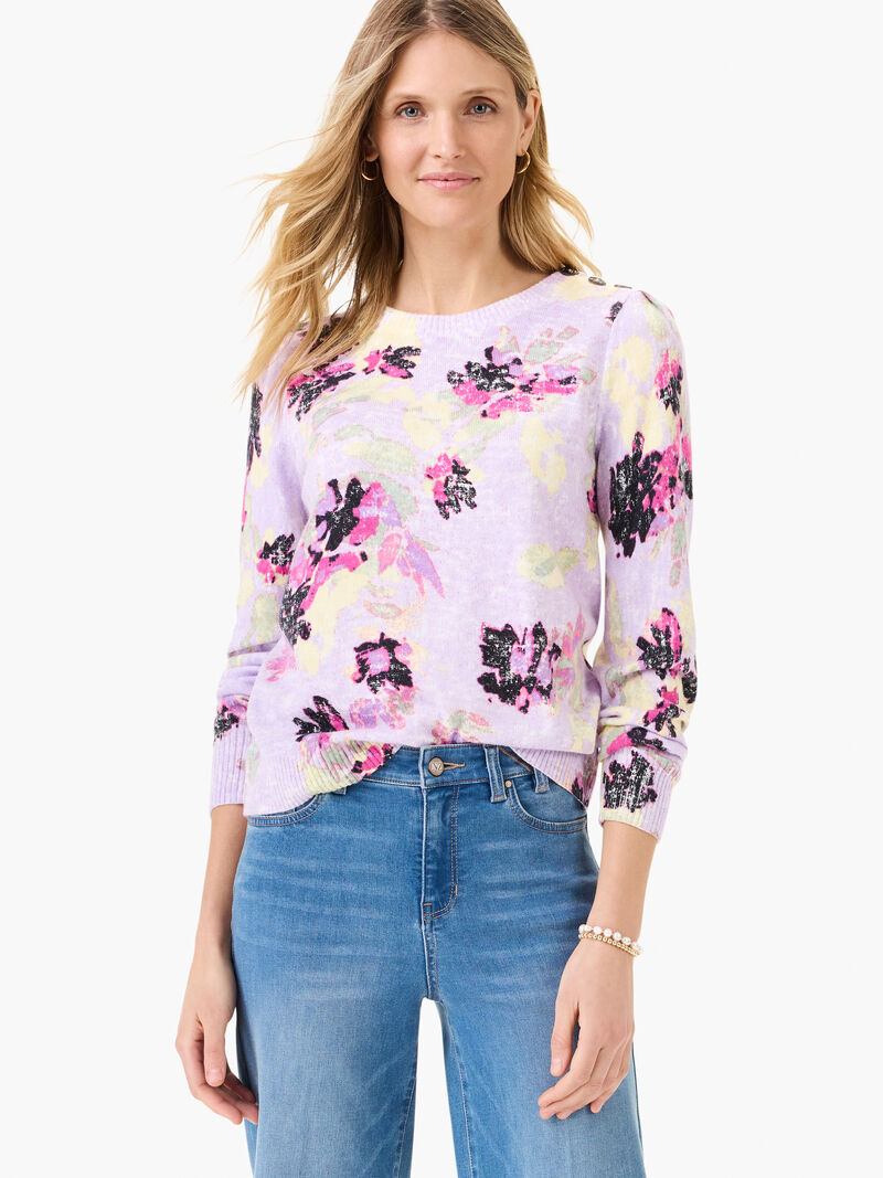 Woman Wears Tossed Florals Button Shoulder Cashmere Sweater image number 0