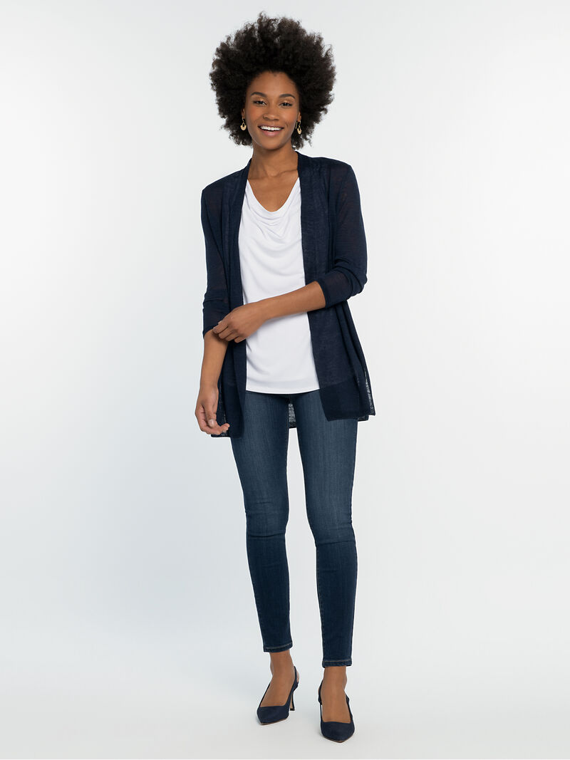 Woman Wears Lightweight Long Back of the Chair Cardigan image number 3