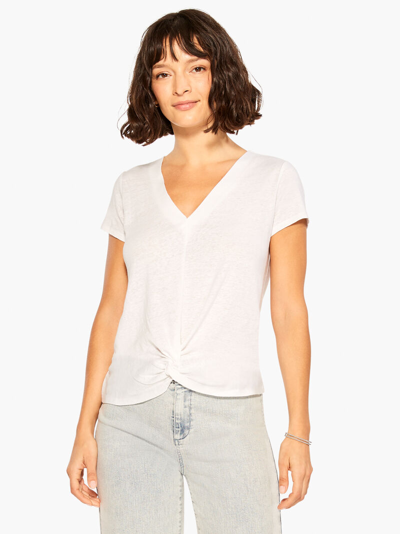 Woman Wears NZT Short Sleeve Knotted V Tee image number 0
