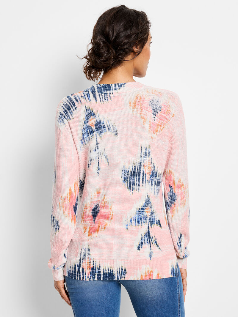 Woman Wears Abstract Floral Waffle Stitch V-Neck Sweater image number 3