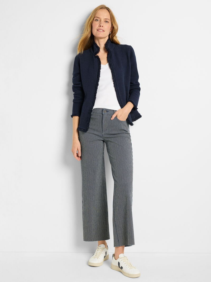 Woman Wears Notch Collar Fringe Mix Knit Jacket image number 1
