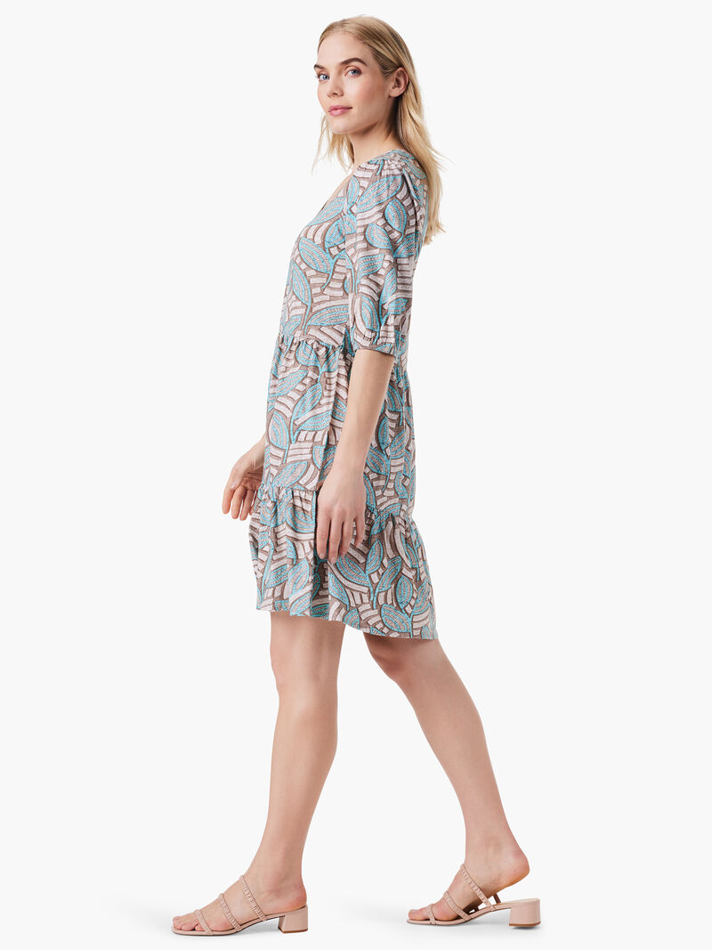Woman Wears NZT Mosaic Fern Elbow Sleeve V-Neck Dress image number 3