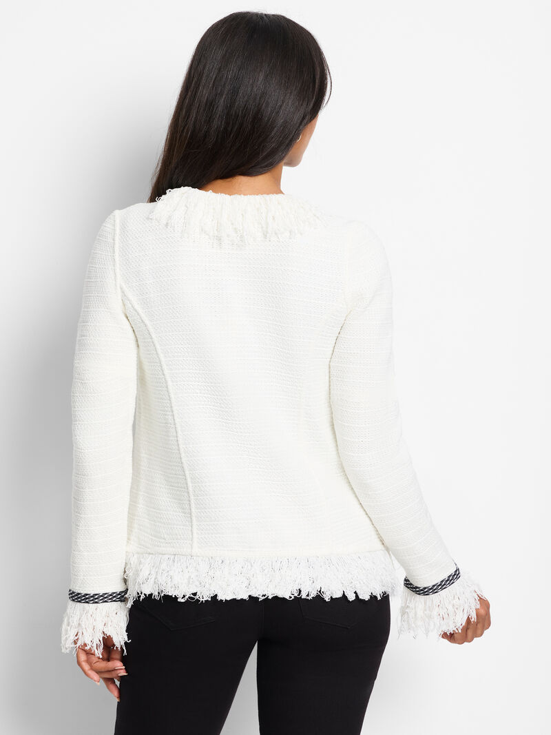 Woman Wears Statement Fringe Mix Knit Jacket image number 4