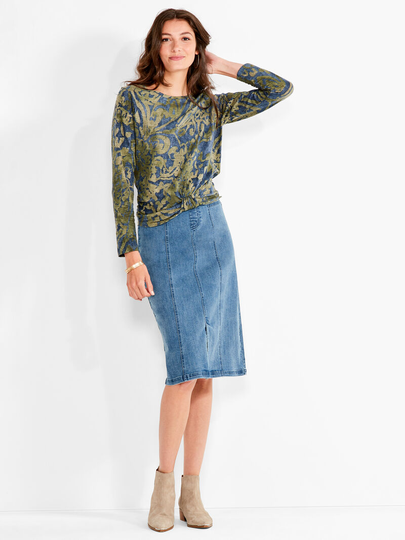 Woman Wears NZT Watercolor Camo Bracelet Sleeve Knot Front Tee image number 3