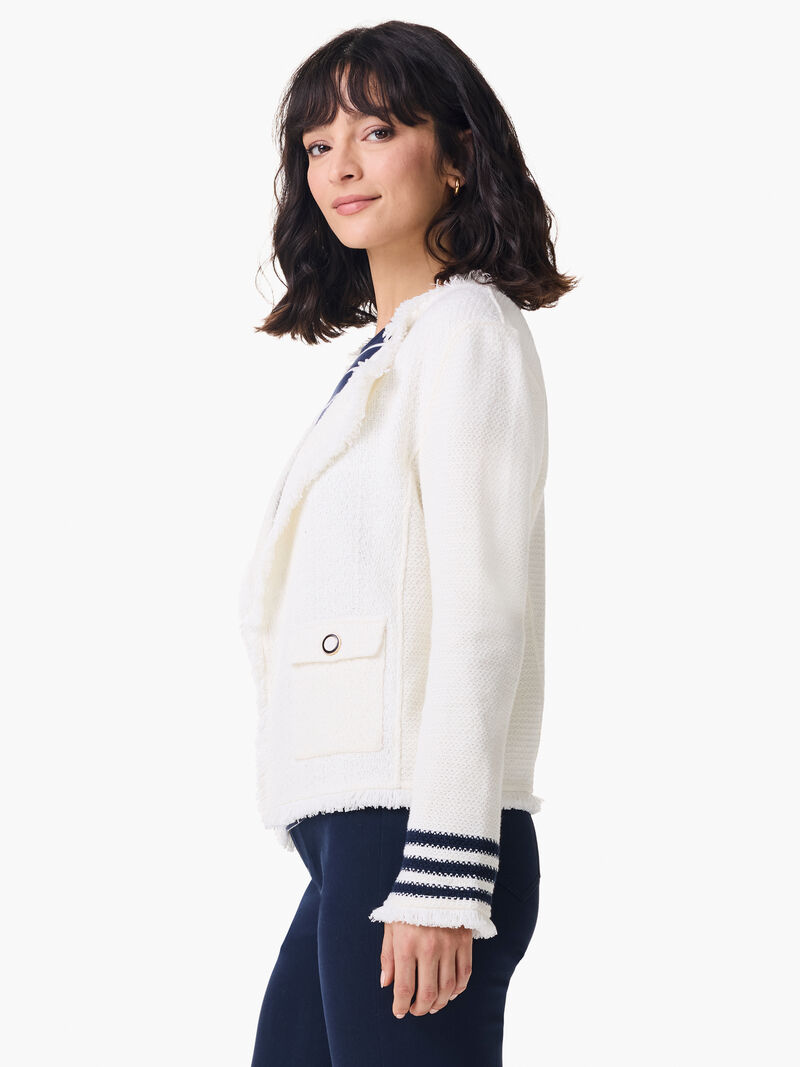 Woman Wears Subtle Stripe Fringe Mix Knit Jacket image number 3