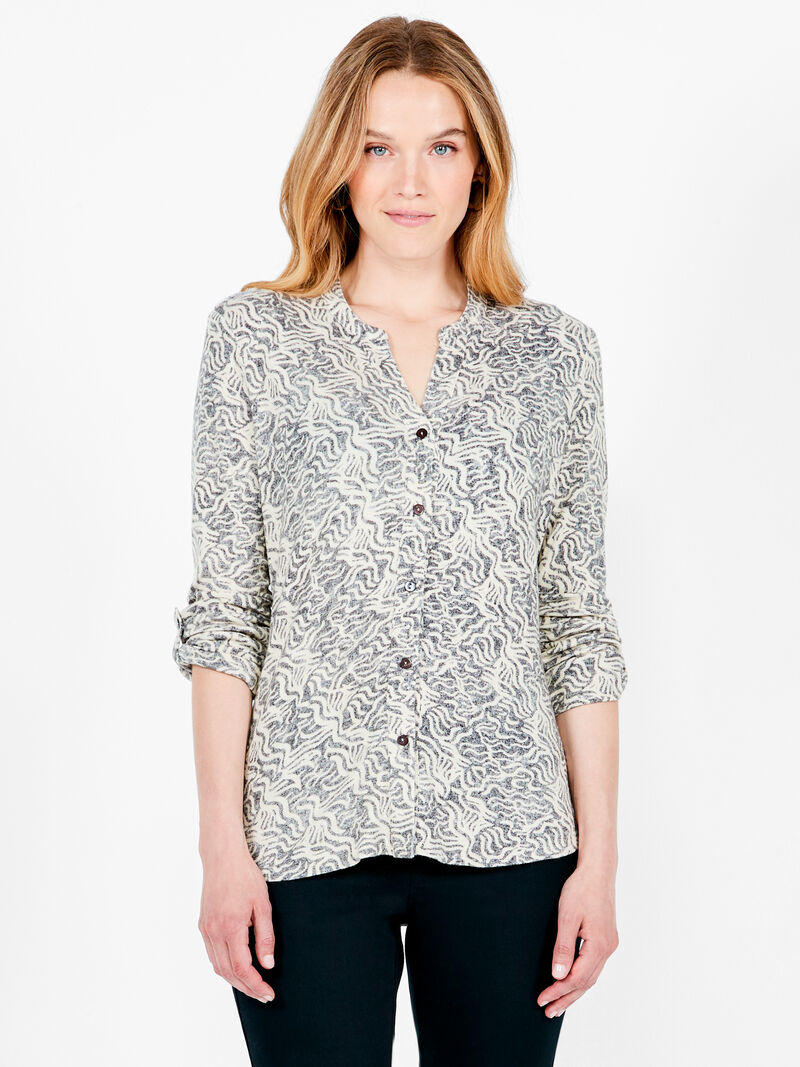 Woman Wears NZT Angled Ikat Convertible Sleeve Shirt image number 1