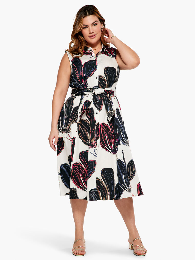 Woman Wears Stamped Flowers Shirt Dress image number 3