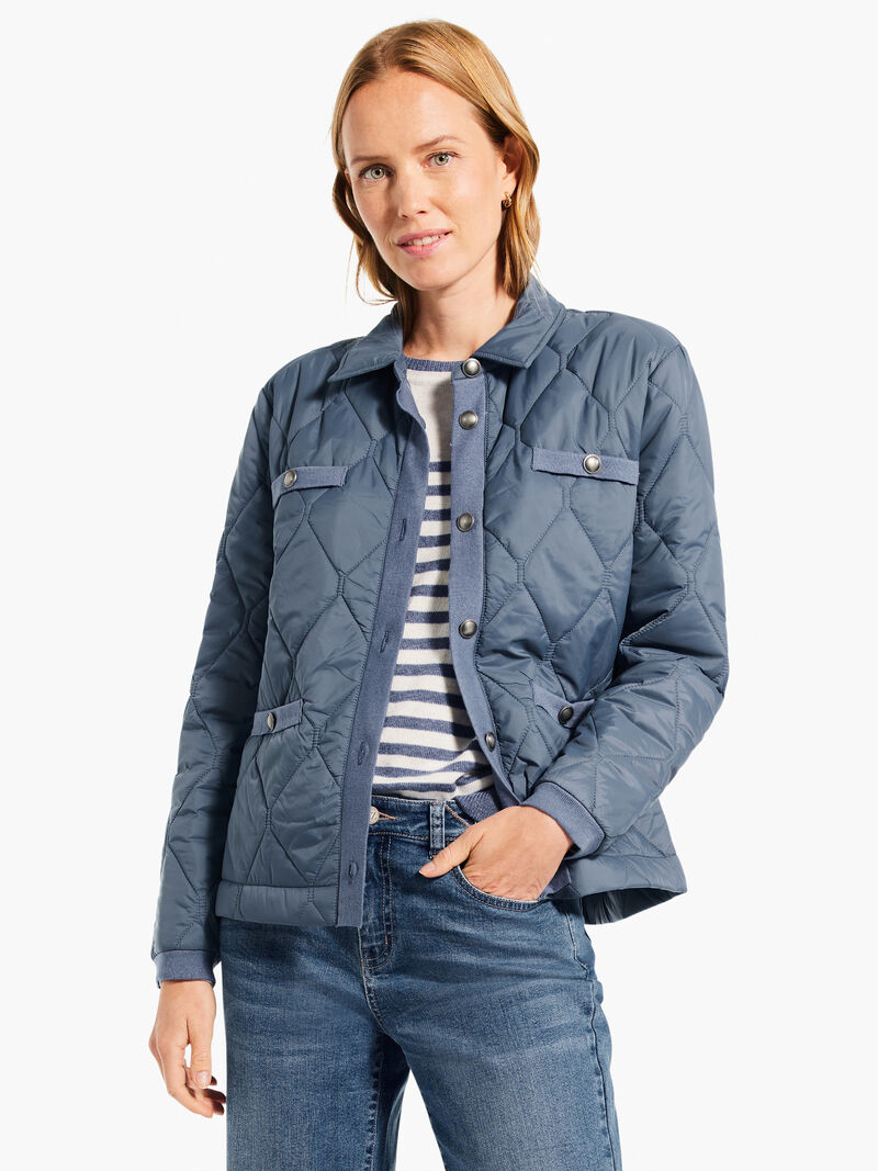 Woman Wears Knit Trim Puffer Jacket image number 0