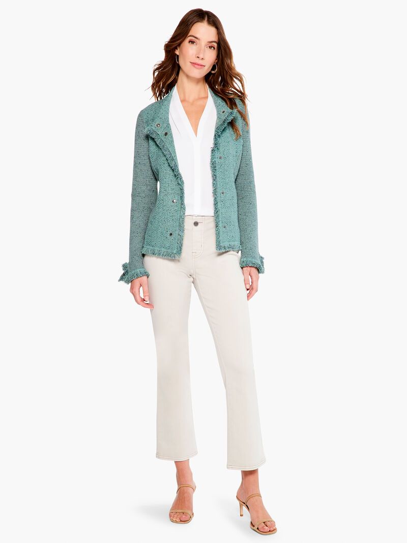 Woman Wears Collared Fringe Mix Knit Jacket image number 3