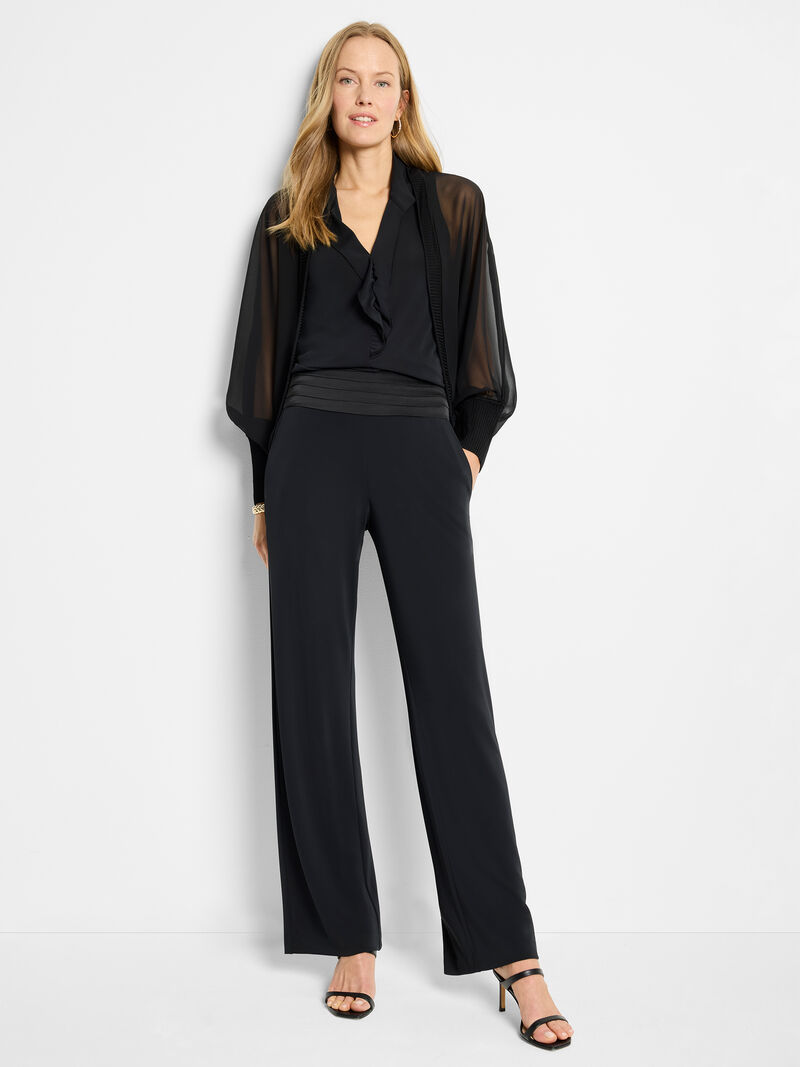 Woman Wears 31" Knit Crepe Cummerbund Wide Leg Pant image number 1