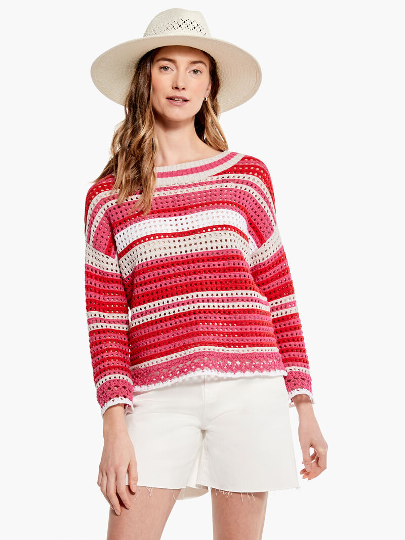 Woman Wears Colorful Crochet Sweater image number 0