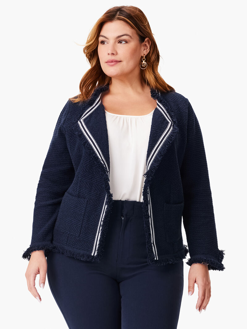 
                            Ribbon Trim Fringe Mix Knit Jacket