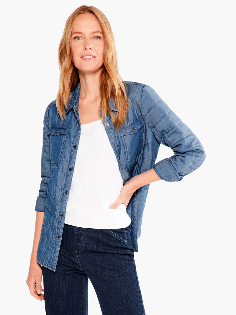 Woman Wears Quilted Denim Shirt Jacket image number 0